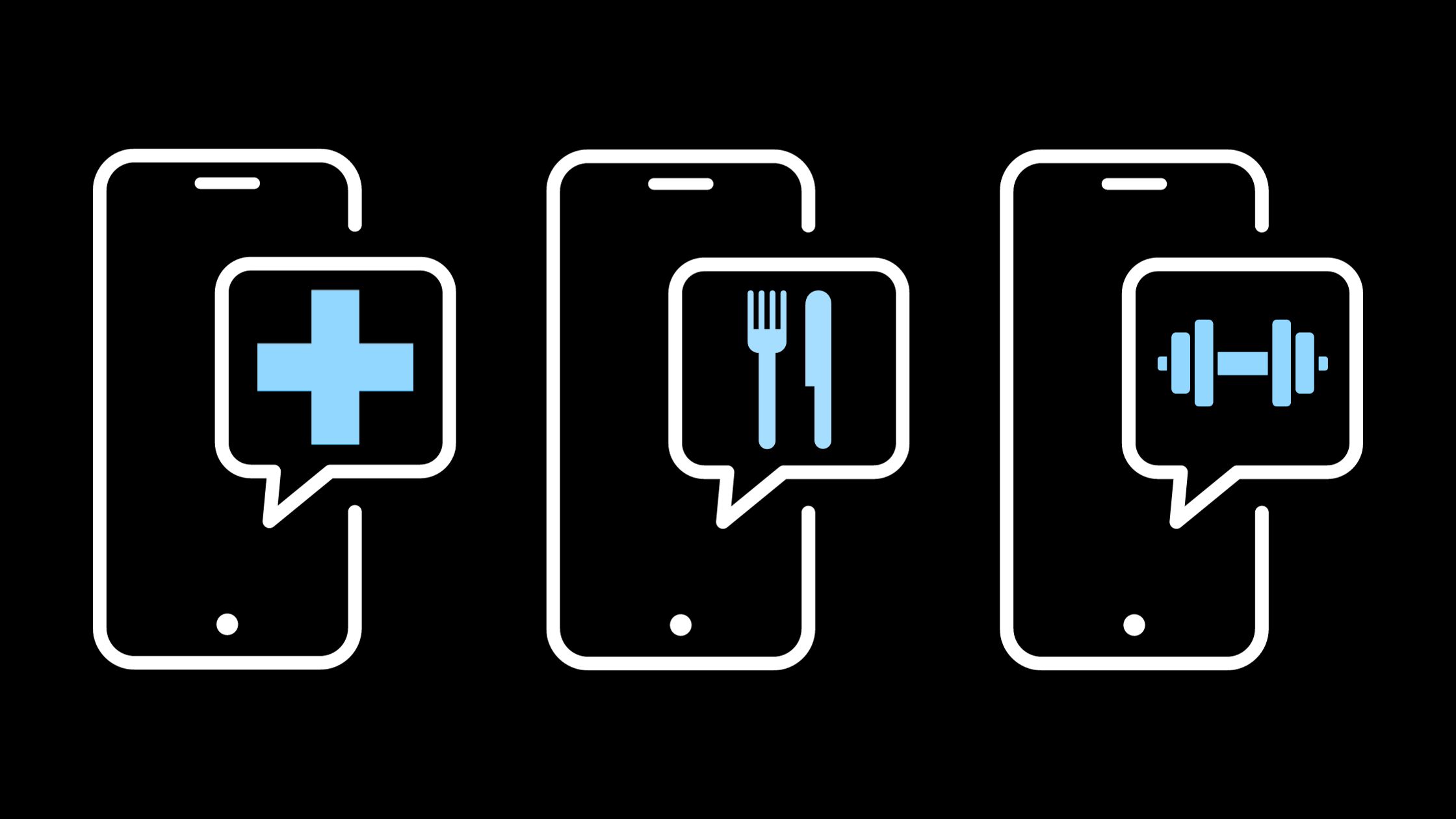 Graphic of 3 phones with SMS text bubbles: one with a hospital cross, one with a knife and fork and one with a dumbbell.